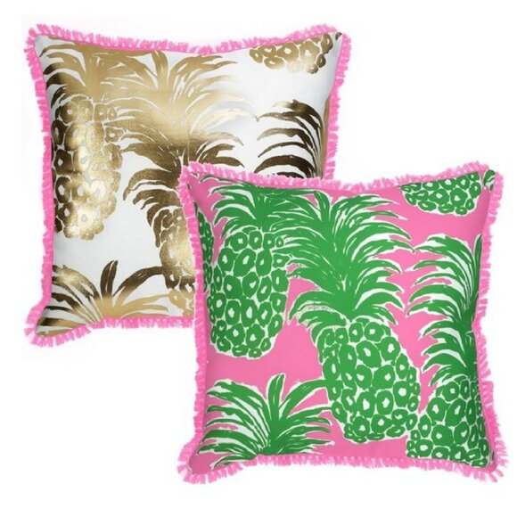 LILY PULITZER REVERSIBLE INDOOR OUTDOOR Pineapple PILLOW GREEN PINK GOLD WHITE - Picture 1 of 2